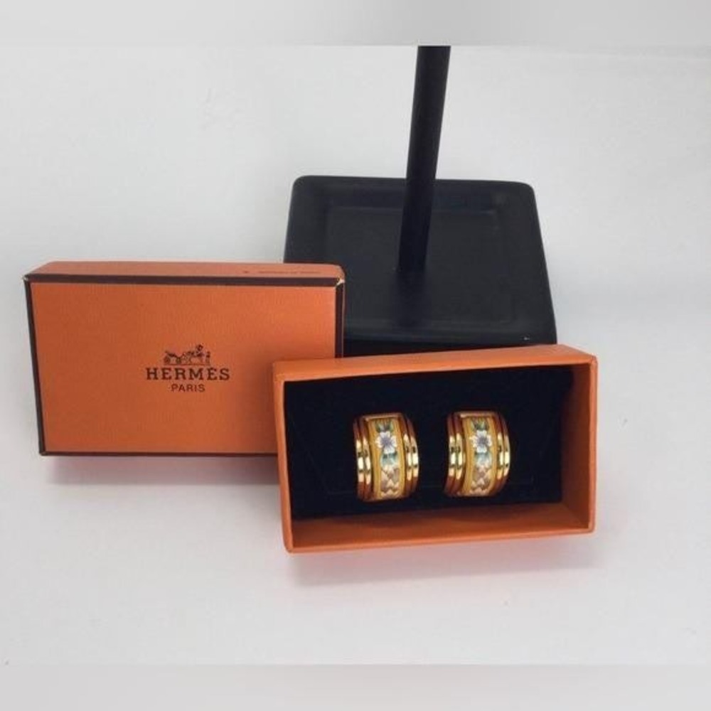 Hermes Vintage Cloisonne' Luxury Enamel Floral Clip On Earrings in original box - Picture 9 of 9